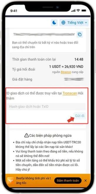 Bước 5: Nhập ID Giao Dịch ( Lấy ID giao dịch trên hóa đơn vừa chuyển tiền), sau đó ấn GỬI ĐI